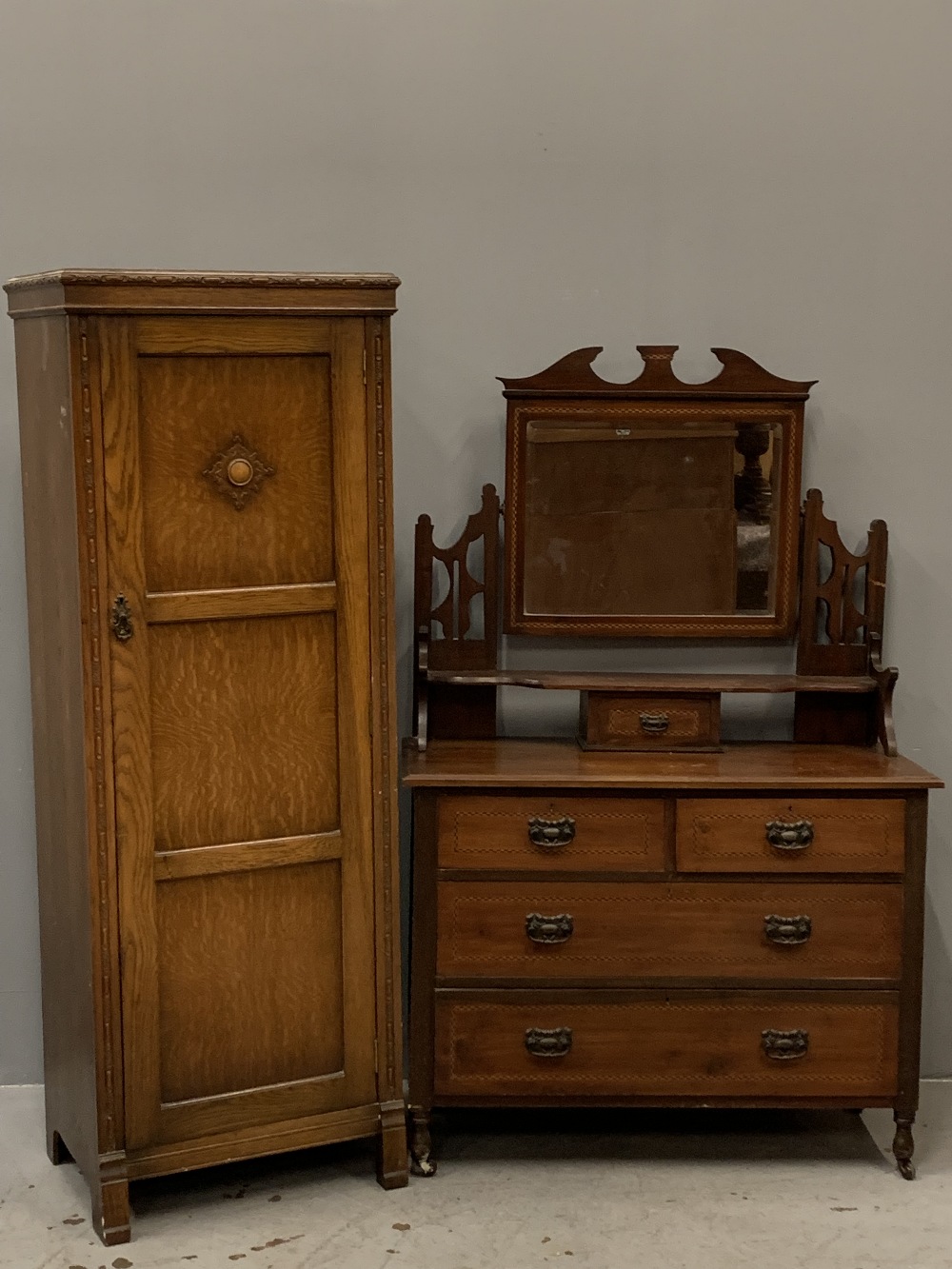 POLISHED OAK HALL ROBE with floral carving to the front, 179cms H, 61cms W, 45cms D and an antique - Image 2 of 6