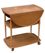 ERCOL TEA TROLLEY, light elm, three tier with drop sides, 77cms H, 75cms W, 46cms D (closed)