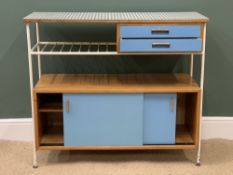 MID-CENTURY SIDEBOARD, metal framed with melamine top, lower sliding doors and two upper drawers,