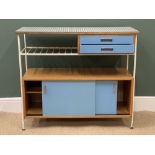 MID-CENTURY SIDEBOARD, metal framed with melamine top, lower sliding doors and two upper drawers,