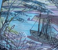 MID CENTURY mixed media (3) - boating and abstract scenes, unsigned, 24 x 37cms