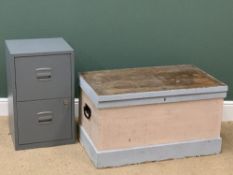 VINTAGE PINE CHEST WITH IRON HANDLES, 49cms H, 88cms W, 54cms D and a modern two drawer metal filing