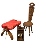 CAMEL STOOL - 40cms H, 71cms W, 41cms D, a spinning chair, 95cms H, 31cms W, 38cms D and a carved