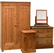 PINE BEDROOM FURNITURE to include two door wardrobe, 178cms H, 111cms W, 54cms D, two over three