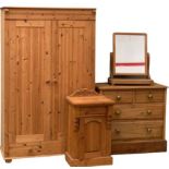 PINE BEDROOM FURNITURE to include two door wardrobe, 178cms H, 111cms W, 54cms D, two over three