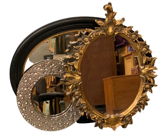 MODERN FURNISHING MIRRORS, gilt ornate, oval framed, 107 x 80cms overall, a large ebonized framed