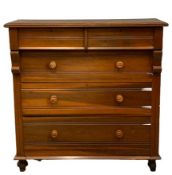 VICTORIAN MAHOGANY CHEST of two over three long drawers with turned knobs, 131cms H, 130cms W, 54cms