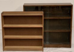 MID-CENTURY TYPE BOOKCASES, open shelf, 75cms H, 77cms W, 15cms D and an oak sliding glass door