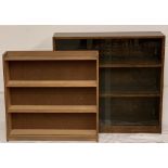 MID-CENTURY TYPE BOOKCASES, open shelf, 75cms H, 77cms W, 15cms D and an oak sliding glass door