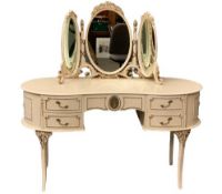 FRENCH PROVINCIAL STYLE DRESSING TABLE with triple mirror, 132cms H, 134cms W, 51cms D