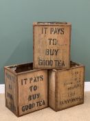 TEA CHESTS (3) - marked 'It Pays to Buy Good Tea' ETC, 60 x 50 x 40cms