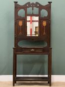 ART NOUVEAU STYLE MAHOGANY HALLSTAND with multiple hooks, central drawer and drip trays, 204cms H,