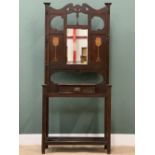 ART NOUVEAU STYLE MAHOGANY HALLSTAND with multiple hooks, central drawer and drip trays, 204cms H,