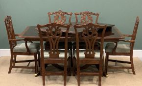 DINING TABLE & CHAIRS - reproduction Regency style mahogany twin pedestal oblong extending table,