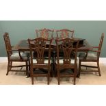 DINING TABLE & CHAIRS - reproduction Regency style mahogany twin pedestal oblong extending table,