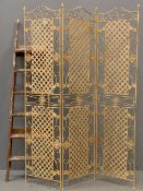 FOLDING METAL SCREEN having three sections, 181 x 140cms (open) and a vintage wooden stepladder