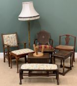 FURNITURE ASSORTMENT (10) to include quantity of chairs and stools and a brass Corinthian column