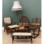 FURNITURE ASSORTMENT (10) to include quantity of chairs and stools and a brass Corinthian column