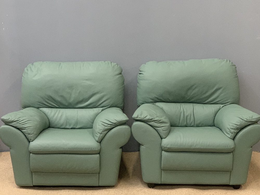 LEATHER EFFECT THREE PIECE SUITE in fine condition, mint green in colour, comprising three seater - Image 5 of 6