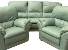LEATHER EFFECT THREE PIECE SUITE in fine condition, mint green in colour, comprising three seater