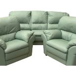 LEATHER EFFECT THREE PIECE SUITE in fine condition, mint green in colour, comprising three seater