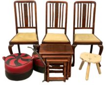 FURNITURE ASSORTMENT - antique type dining chairs, three with slatbacks, nest of three coffee