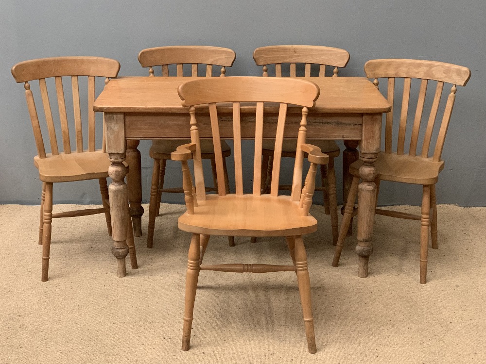 FARMHOUSE PINE TYPE KITCHEN TABLE, 78cms H, 122cms W, 65cms D and a set of five chairs (four plus - Image 2 of 4