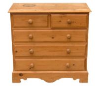 MODERN PINE CHEST of two over three drawers with turned knobs, 91cms H, 95cms W, 46cms D