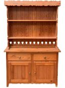 PINE FARMHOUSE DRESSER - the panelled rack with shaped detail and heart carving, the base with two