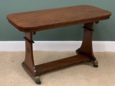 ANTIQUE MAHOGANY LIBRARY TABLE with brass embossed detail, on castors, 71cms H, 107cms W, 55cms D
