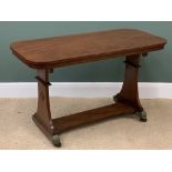 ANTIQUE MAHOGANY LIBRARY TABLE with brass embossed detail, on castors, 71cms H, 107cms W, 55cms D