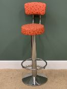 MID-CENTURY TYPE SWIVEL BAR STOOL with chrome curved back, 116cms H, 32cms W