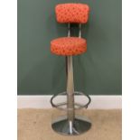 MID-CENTURY TYPE SWIVEL BAR STOOL with chrome curved back, 116cms H, 32cms W