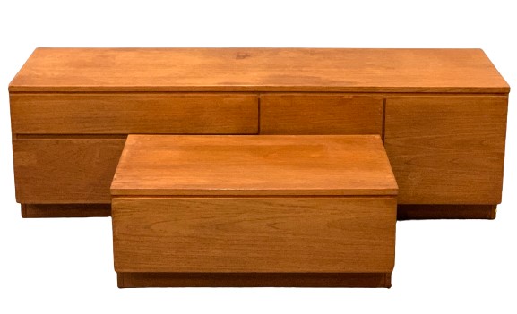 MID-CENTURY SIDEBOARD, teak effect, two drawers and two doors, 51cms H, 168cms W, 54cms D and a
