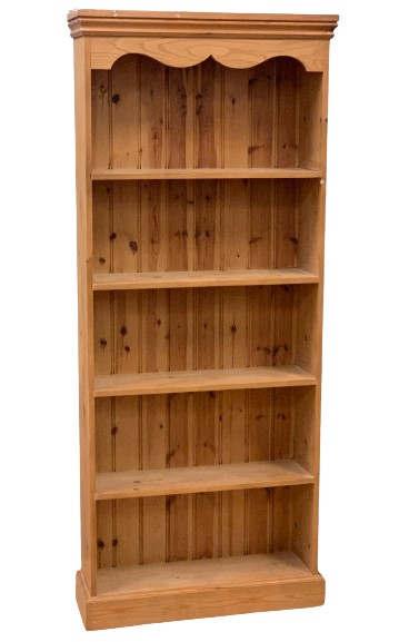 MODERN PINE BOOKCASE with five open shelves and shaped coving, 183cms H, 77cms W, 24cms D