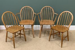 ERCOL LIGHT ELM STICKBACK CHAIRS, a pair, 80cms H, 40cms W, 36cms D and a pair of elbow chairs,