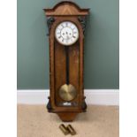 VIENNA WALL CLOCK - walnut case with painted Roman numeral dial, pendulum and weights, 107cms H,