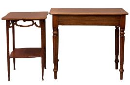 ANTIQUE MAHOGANY D-END TABLE on reeded supports, 78cms H, 91cms W, 45cms D and a two tier mahogany