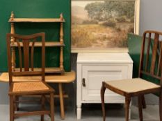 FURNITURE ASSORTMENT to include a painted single door cupboard, two bedroom chairs, a light wood