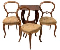 WALNUT SALON CHAIRS (3) on cabriole supports, 86cms H, 43cms W, 36cms D and an antique mahogany