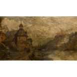 19th CENTURY oil on canvas - cart, figures and buildings near the water's edge with moored boats,