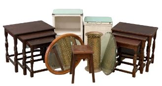FURNITURE ASSORTMENT (8) to include to nests of three tables, white loom type linen basket and