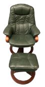 STRESSLESS TYPE ARMCHAIR in green leather effect, swivel and reclining with matching footstool,