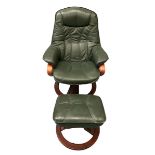 STRESSLESS TYPE ARMCHAIR in green leather effect, swivel and reclining with matching footstool,