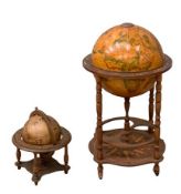 GLOBE DRINKS CABINET, 85cms H, 50cms diameter and a smaller ornamental example, 40cms H, 35cms