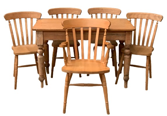 FARMHOUSE PINE TYPE KITCHEN TABLE, 78cms H, 122cms W, 65cms D and a set of five chairs (four plus