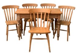 FARMHOUSE PINE TYPE KITCHEN TABLE, 78cms H, 122cms W, 65cms D and a set of five chairs (four plus