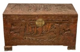 CAMPHORWOOD CHEST with excellent carved detail, 58cms H, 110cms W, 52cms D