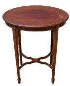 ANTIQUE MAHOGANY OCCASIONAL TABLE with oval top, inlaid detail, on tapered supports with spade feet,