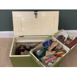 VINTAGE PINE TOOLBOX with iron handles, green painted with good quantity of tools, 34cms H, 65cms W,